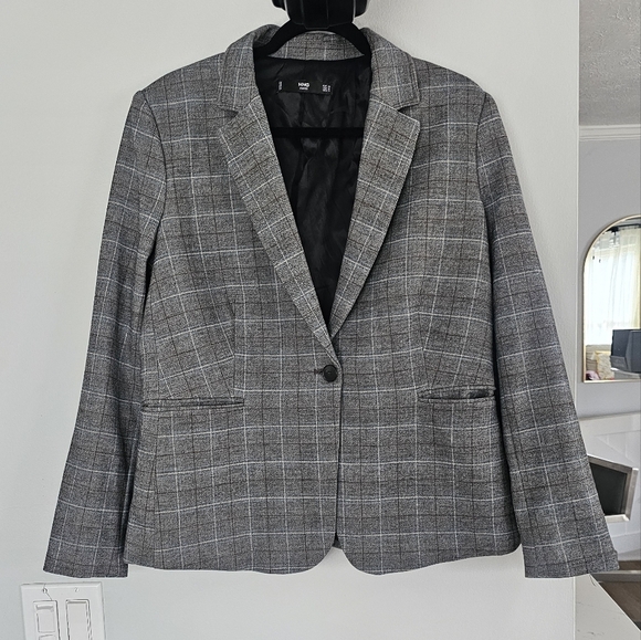 Mango Gray Blazer with Notched Lapels and Plaid Pattern - Picture 1 of 6